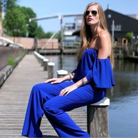 ZARA Off Shoulder Blue Jumpsuit Bloggers Favourite Size Small - Picture 2 of 14